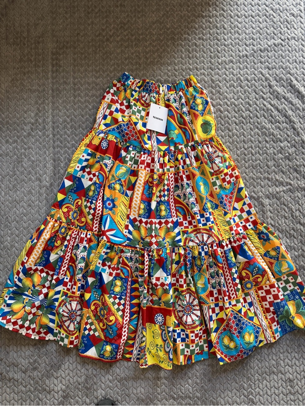 NWT Yulaviniee women’s colorful time print tiered maxi skirt with pockets Xs